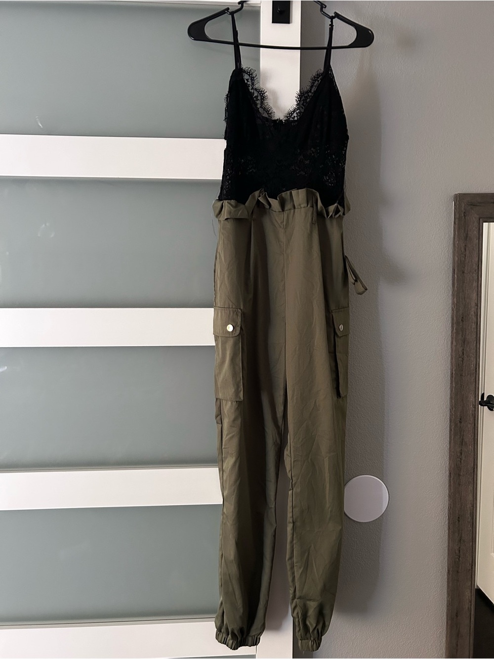Lace-Trim Black & Olive Utility Jumpsuit